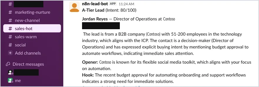 Slack notification for an A-tier lead showing score, reasoning and opener