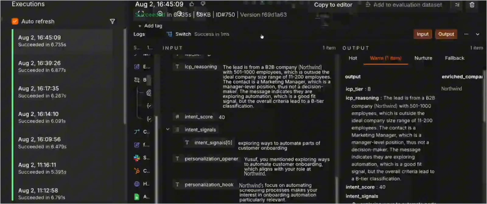 Run history with a single execution expanded showing scoring detail