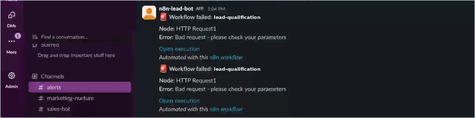 Alert message showing the failing step, the error and a link to the execution